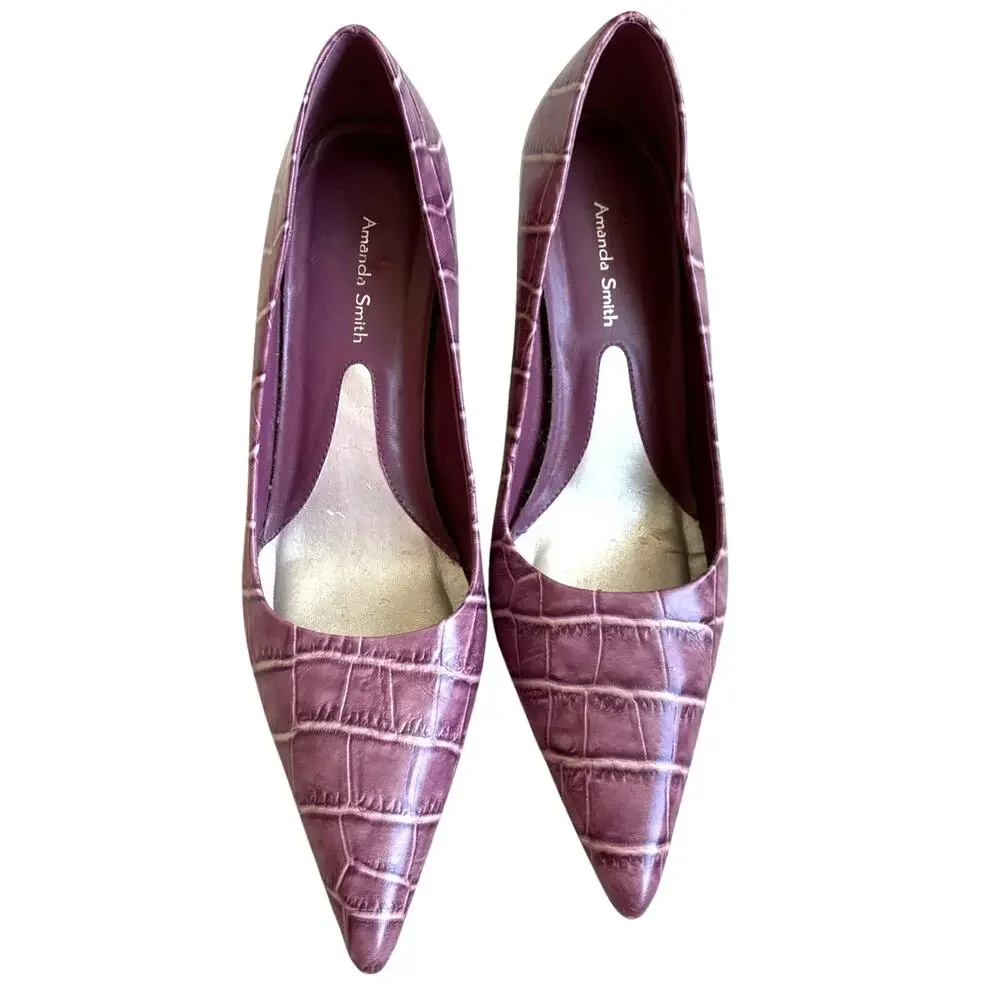Amanda Smith purple leather stiletto pumps US 7.5M shoes moc croc pointy toes